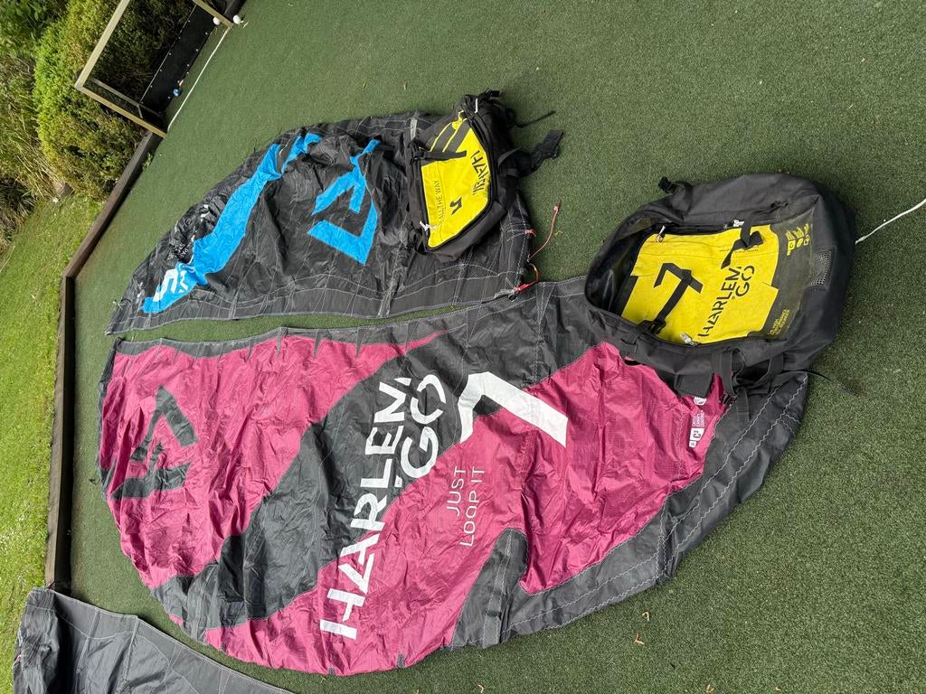 4x Harlem Go kites + 2x Harlem clickbar + pomp, Watersport en Boten, Kitesurfen, Gebruikt, Kite, 9 m², Geen board, Ophalen of Verzenden