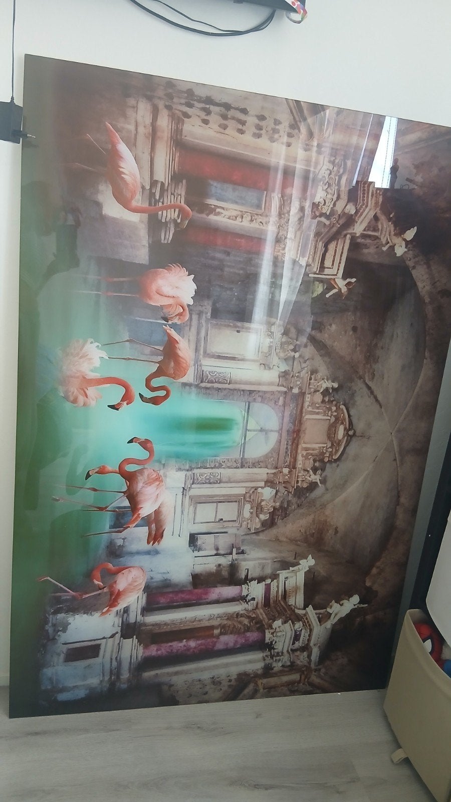 Groot Schilderij Flamingo's, Antiek en Kunst, Ophalen, Glas