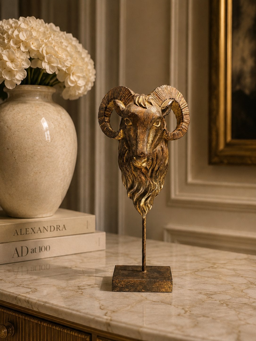 Decoratief Beeld Ram Hoofd - 32cm Hoog, Overige materialen, Verzenden, Goud, Klassiek