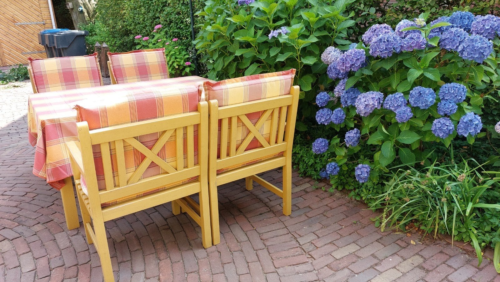 Houten tuinset, geel, Tuin en Terras, Tuinsets en Loungesets, Ophalen, 4 zitplaatsen, Gebruikt, Tuinset