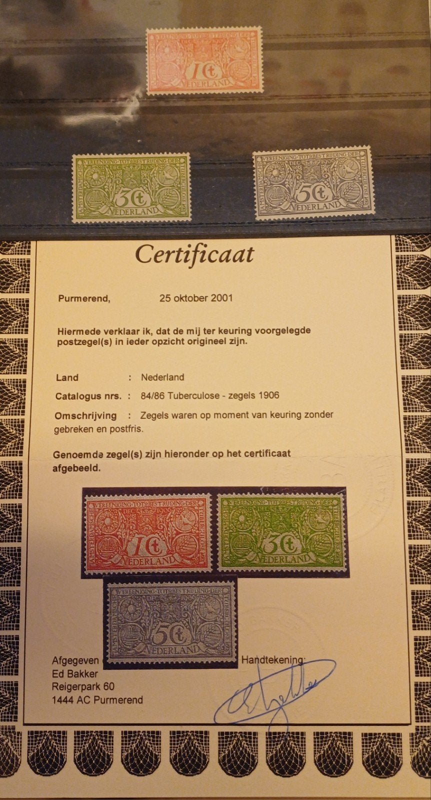 NVPH 84-86 postfris met certificaat, Postzegels en Munten, Postzegels | Nederland, Ophalen of Verzenden