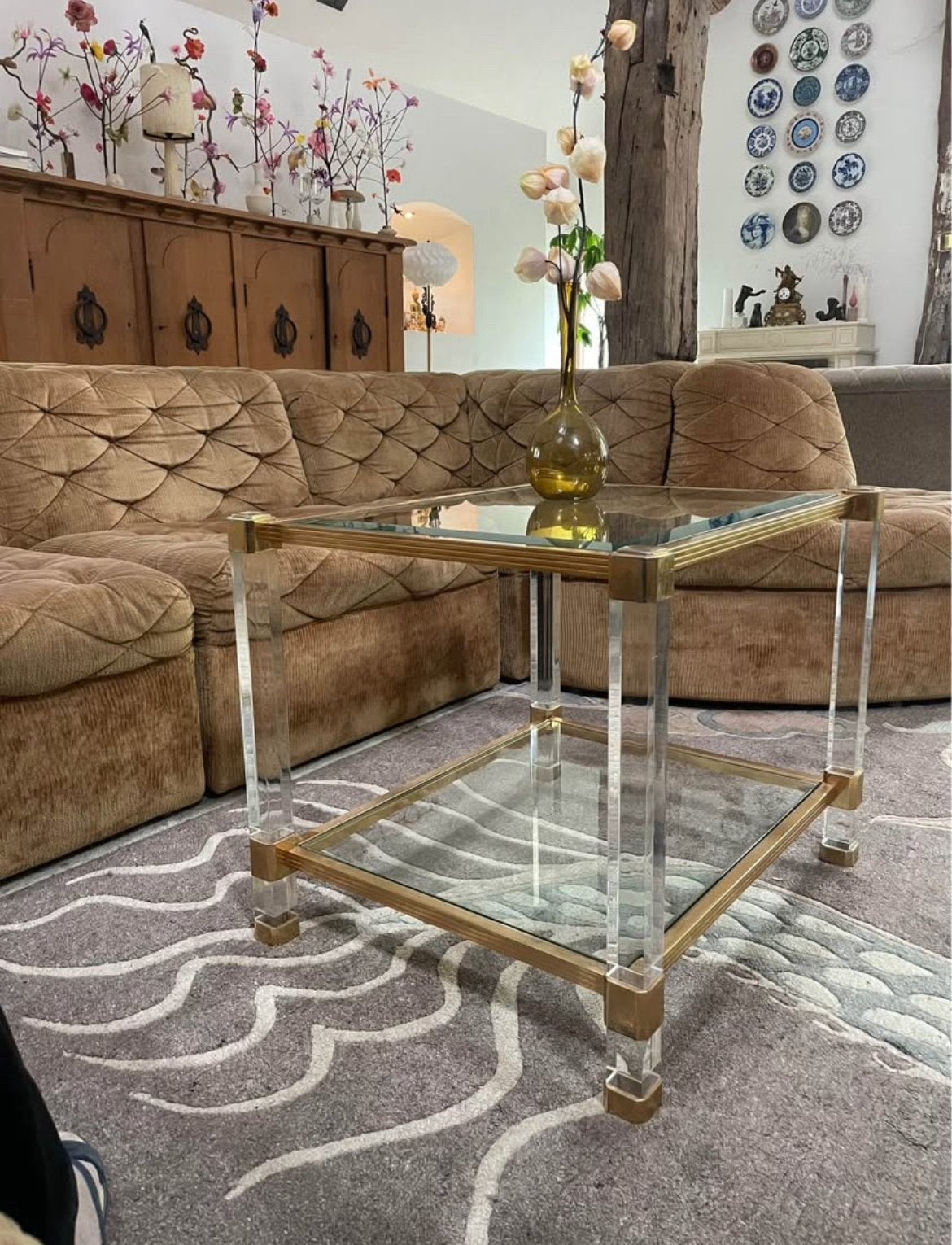 Salontafel hollywood regency messing-glas, Ophalen, 100 tot 150 cm, 50 tot 100 cm, Rechthoekig