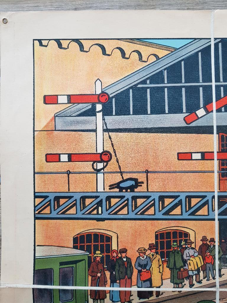 Treinstation oude schoolplaat uit Frankrijk litho op canvas., Ophalen of Verzenden