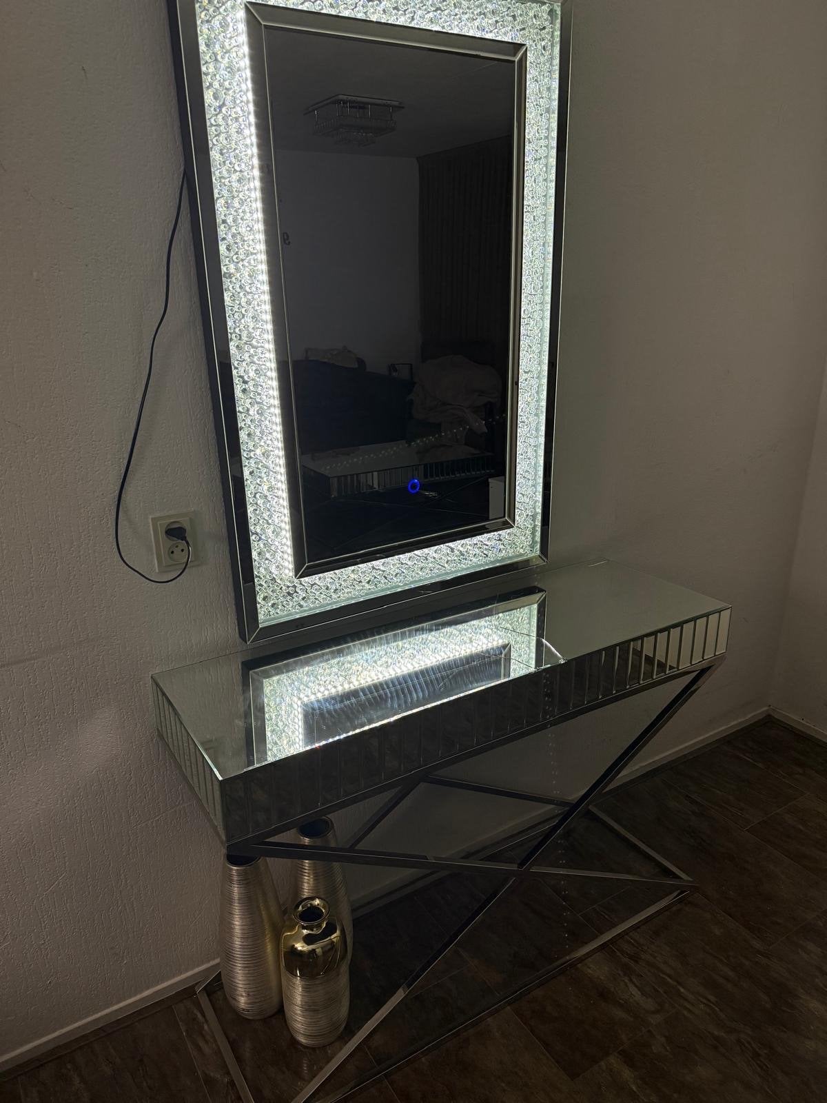 Spiegel en sidetable set met LED-verlichting en schade, Huis en Inrichting, Gebruikt, 100 tot 150 cm, Ophalen of Verzenden, Metaal