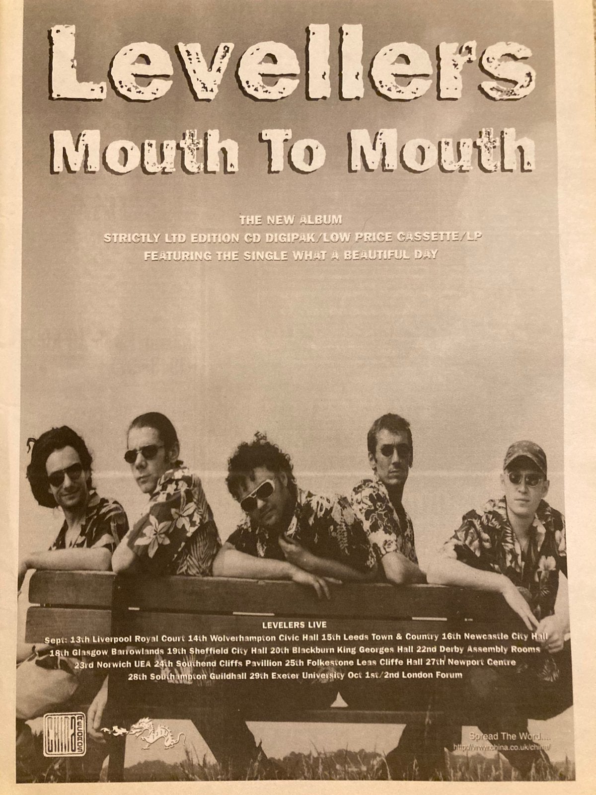 LEVELLERS Mouth To Mouth tour A3 advertentie, Ophalen of Verzenden, Gebruikt