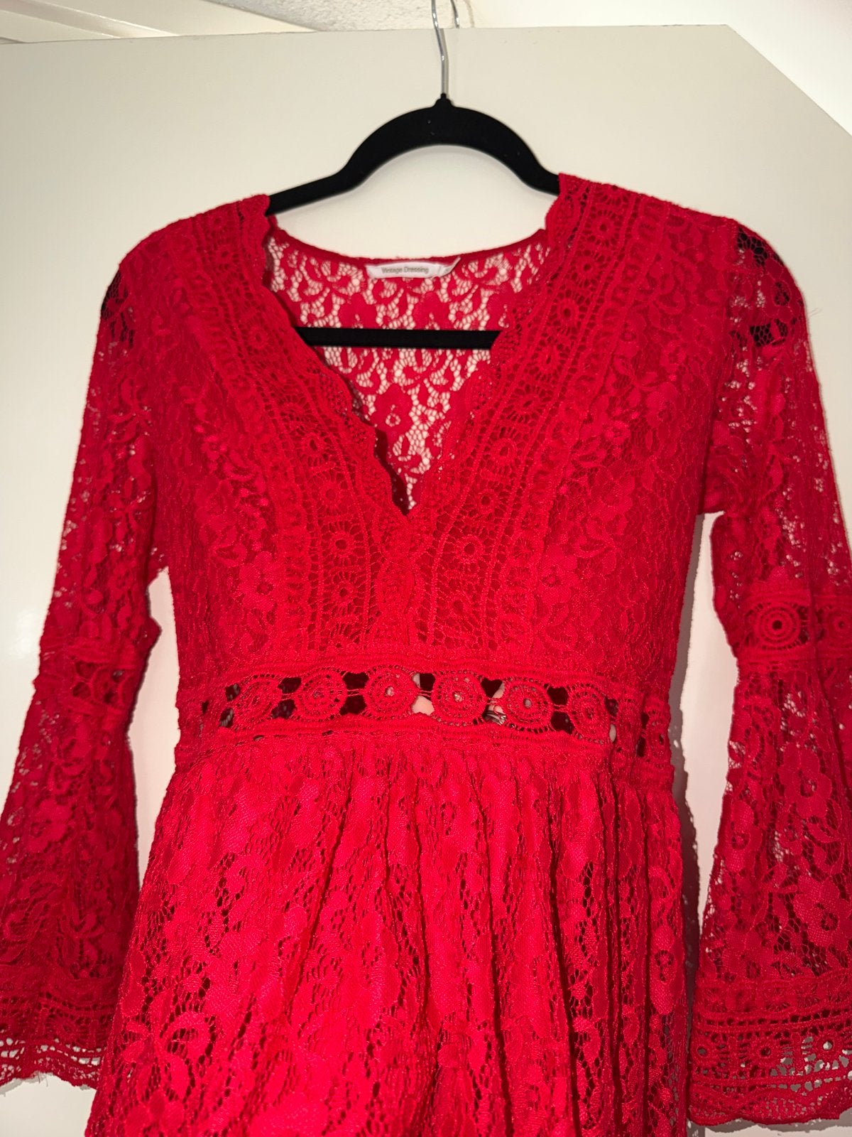 Rode Kanten Zomerjurk V-hals Trompetmouwen Maat 36/38, Kleding | Dames, Jurken, Maat 38/40 (M), Ophalen of Verzenden, Zo goed als nieuw
