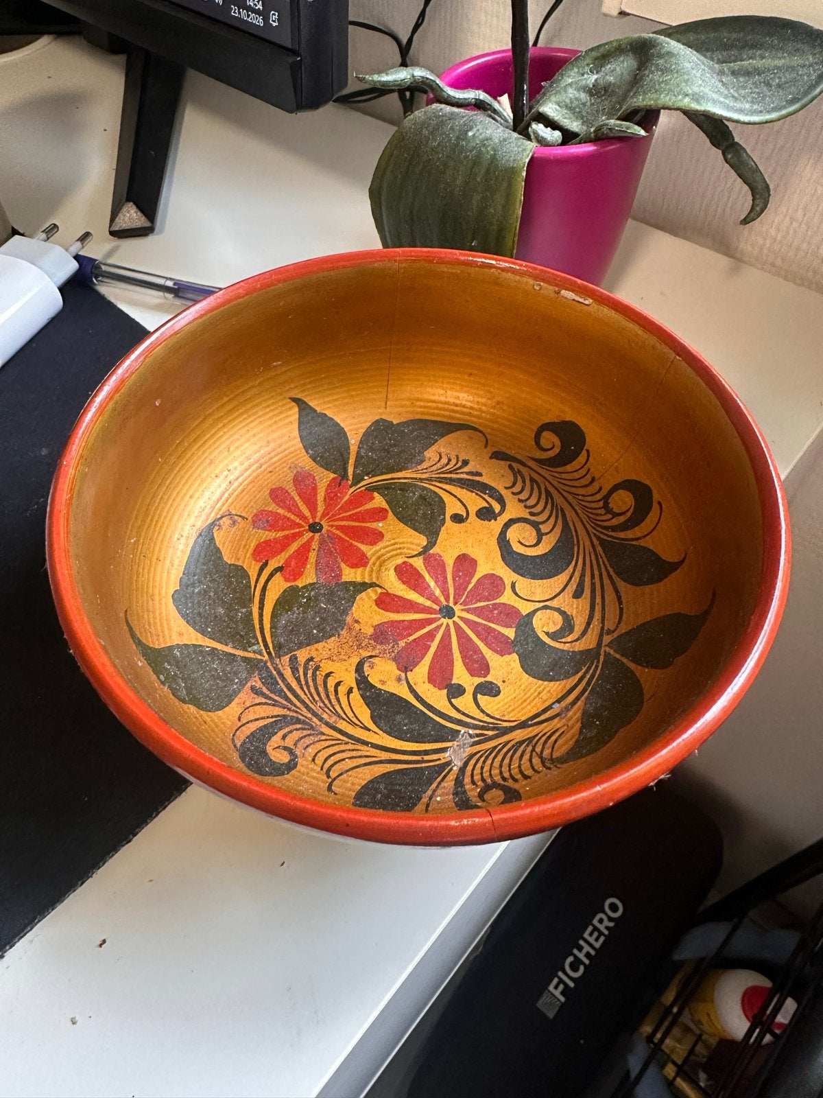 Vintage Sovjet Khokhloma Houten Kom - Bloemmotief, Antiek en Kunst, Ophalen of Verzenden