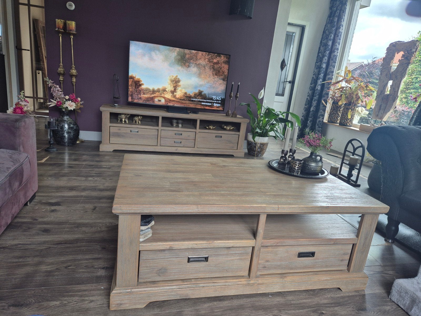 Robuuste  salontafel en tv-meubel van eikenhout, Huis en Inrichting, Ophalen, Gebruikt, Met deur(en), Eikenhout