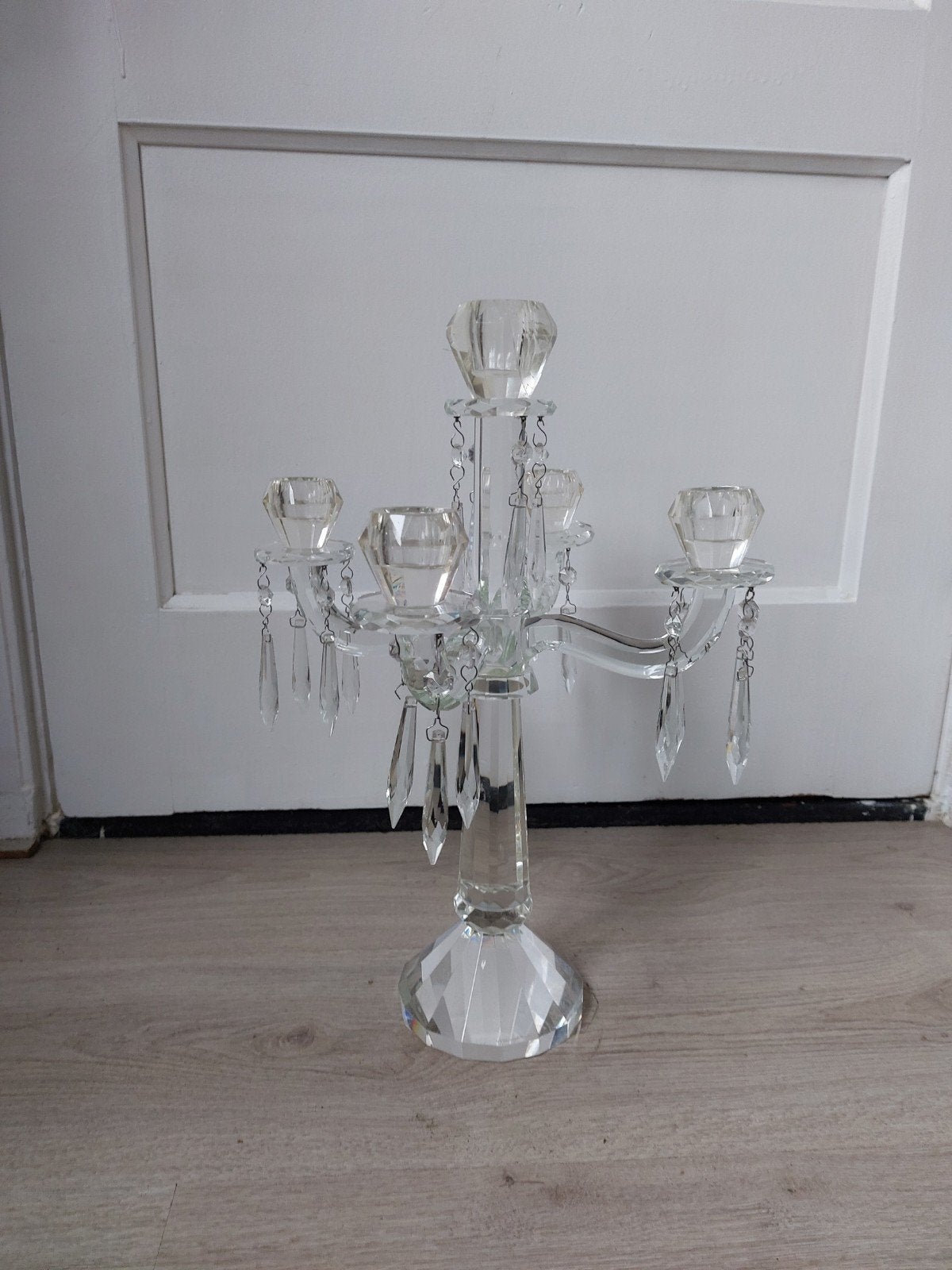 is een vijfarmige kristallen kandelaar 44 cm, Ophalen of Verzenden, Kristal