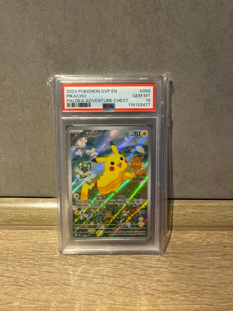 Pikachu #088 Paldea Adventure Chest PSA 10 Pokémon Kaart, Ophalen of Verzenden, Zo goed als nieuw, Losse kaart