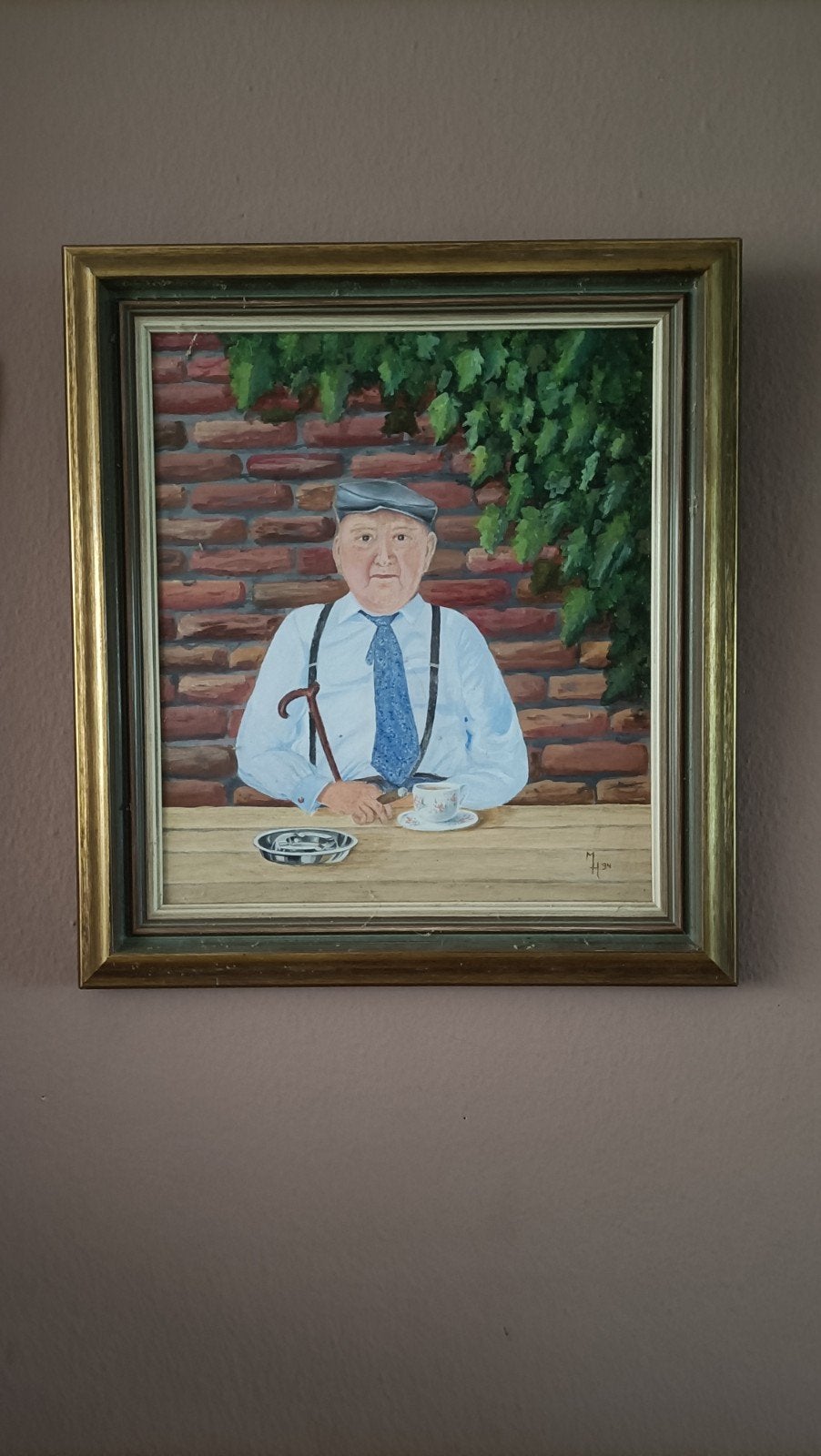 Olieverfschilderij 'Man aan tafel' - Gesigneerd 'M. 94', Doek, Portret of Personen, Realistisch, Ophalen of Verzenden
