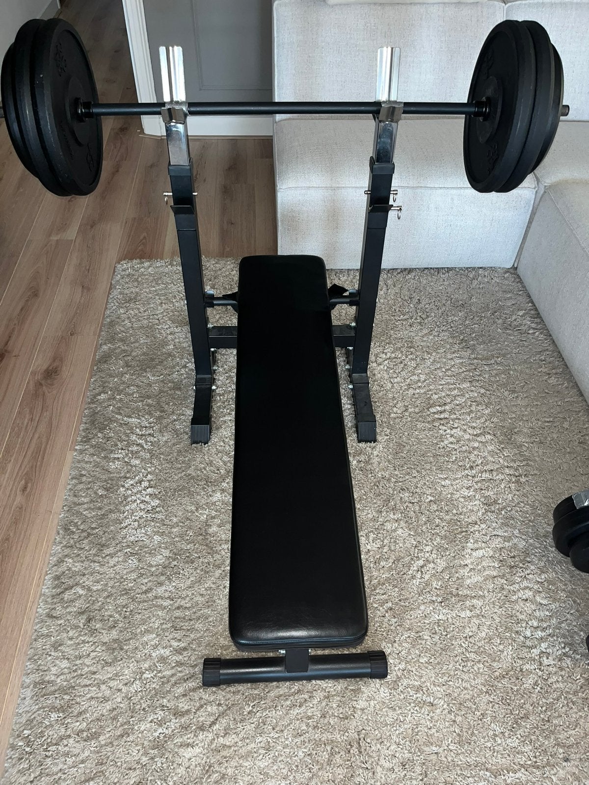 Complete fitness set: bankdruk + halters + gewicht (100kg+), Ophalen, Zo goed als nieuw, Rug, Fitnessbank