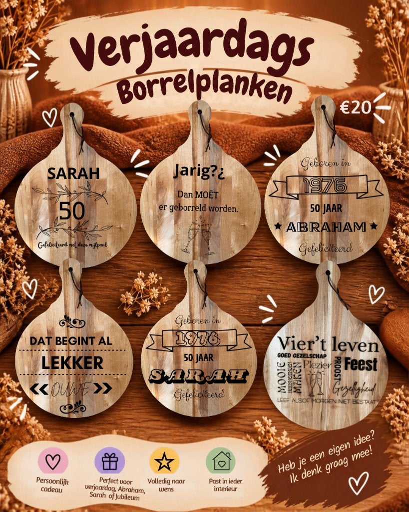 Gepersonaliseerde borrelplank/serveerplank verjaardag, Beige, Hout, Snij-/serveerplank, Nieuw