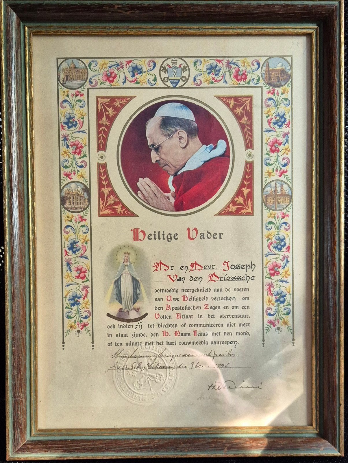 Heilige Vader Pius XII Zegen Certificaat 1956, Antiek en Kunst, Ophalen of Verzenden