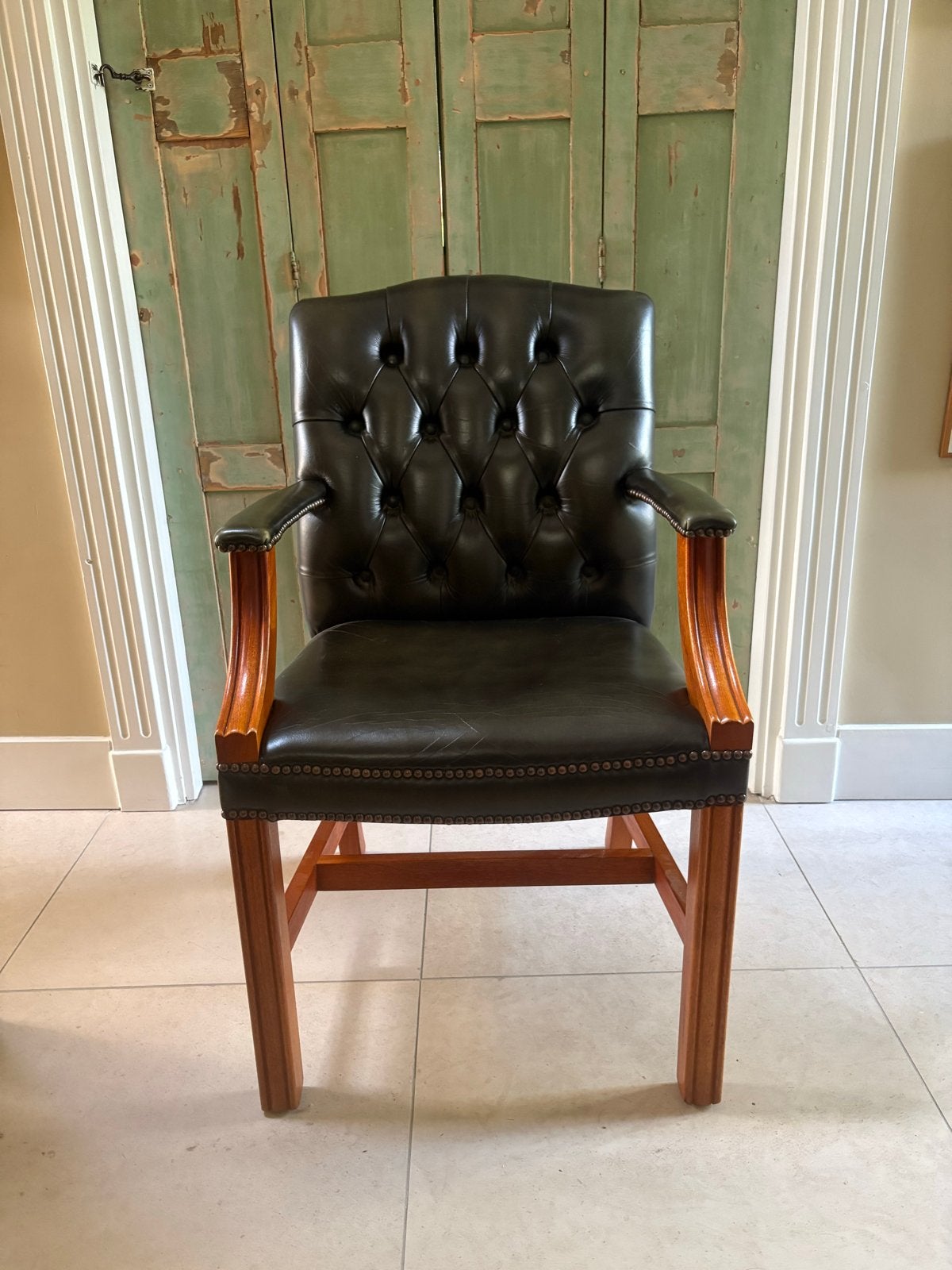 Klassieke Chesterfield Bureaustoel - Donkergroen Leer, Ophalen, Gebruikt, Groen, Bureaustoel