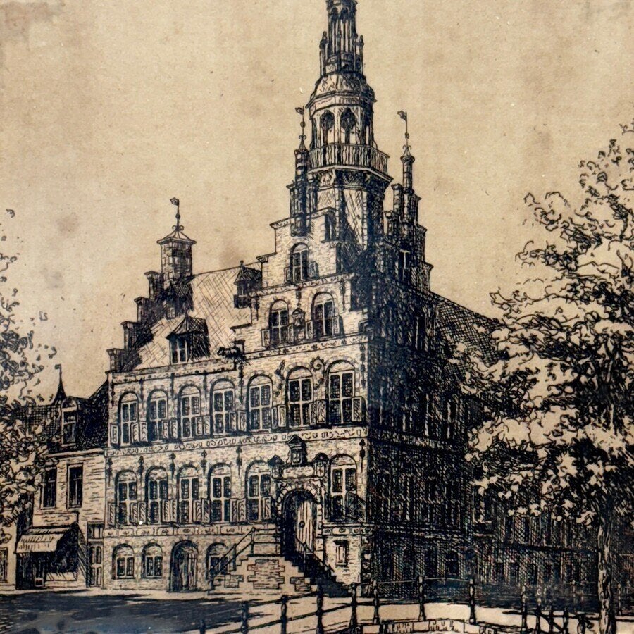 Hollandse School 20e eeuw - Ets stadhuis Franeker, Antiek en Kunst, Ophalen of Verzenden