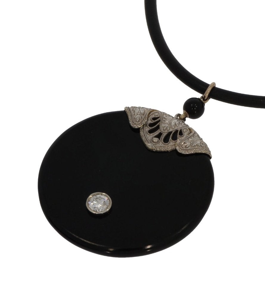 Diamant art deco onyx fraaie gouden ketting en hanger antiek, Ophalen of Verzenden, Goud, Ketting, Met edelsteen