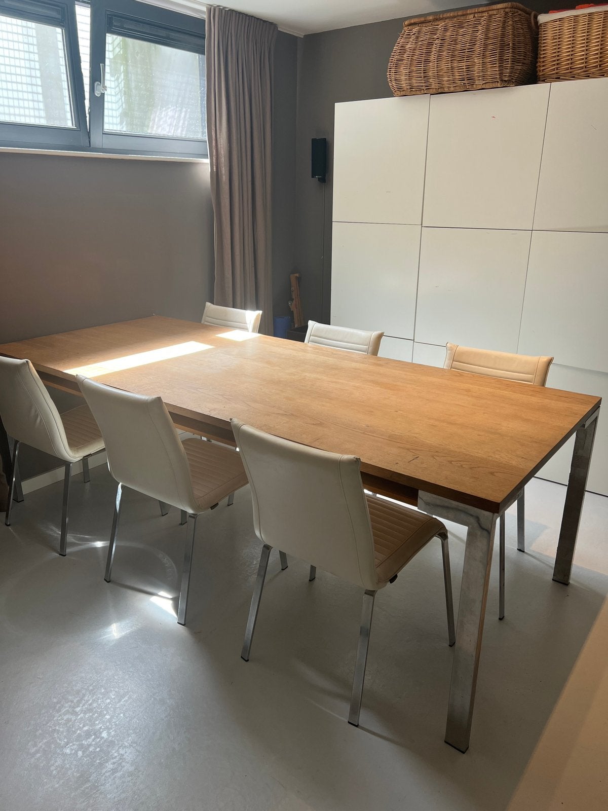 Eetkamerset: Massief Houten Tafel & 6 Leren Nomada Stoelen, Ophalen, 200 cm of meer, 50 tot 100 cm, Zo goed als nieuw