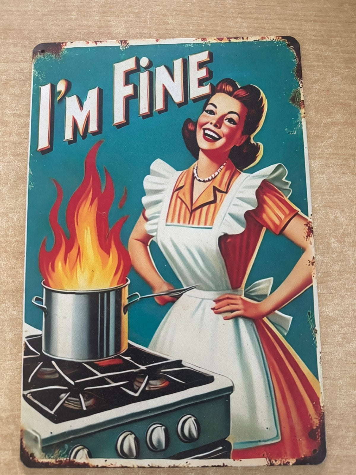 Vintage look reclamebord sign, vrouw i am fine amerikaans, Ophalen of Verzenden, Nieuw, Reclamebord