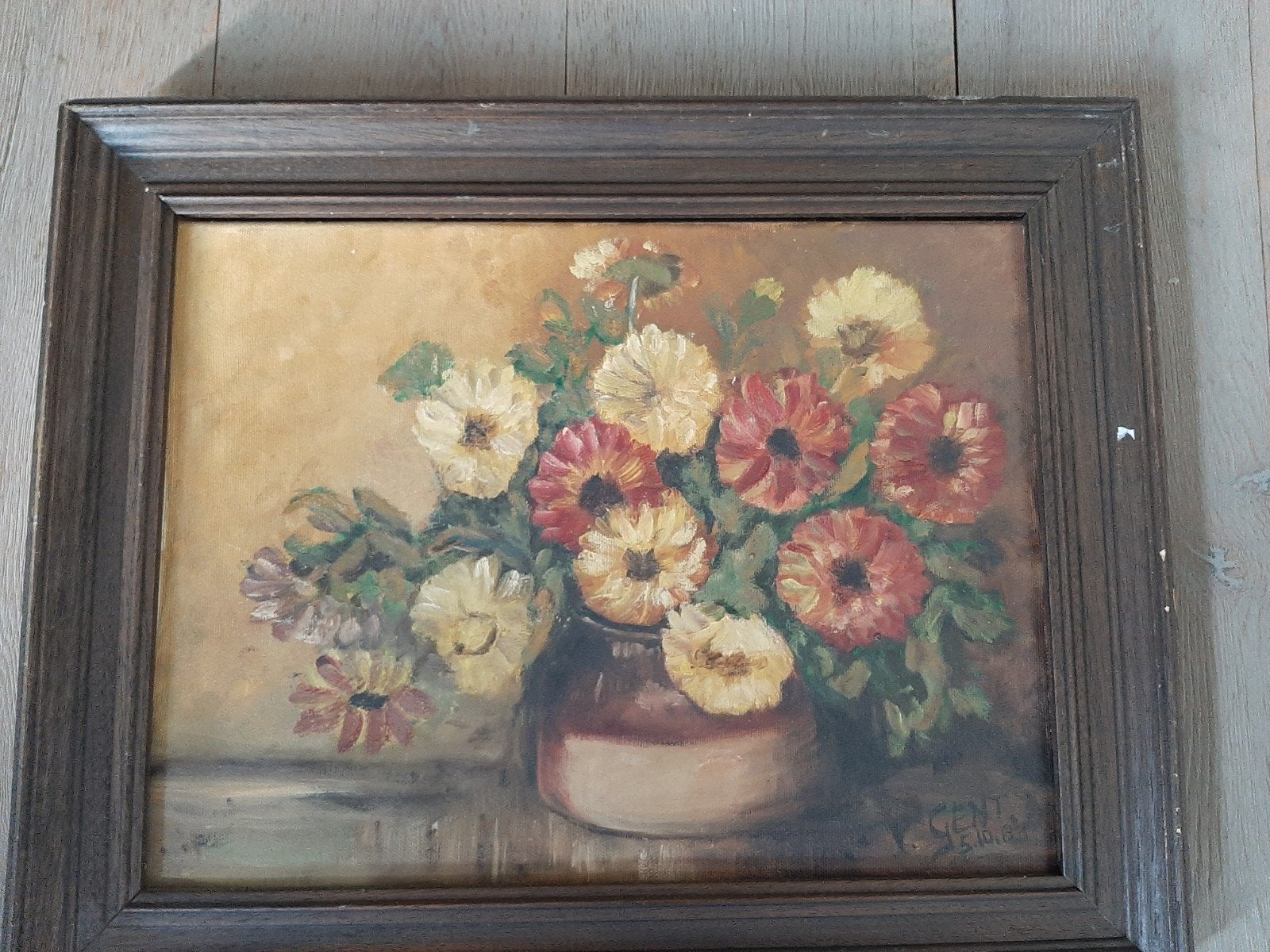 Bloemenschilderijtje / gesigneerd, Ophalen of Verzenden, Gebruikt, Minder dan 50 cm, Schilderij