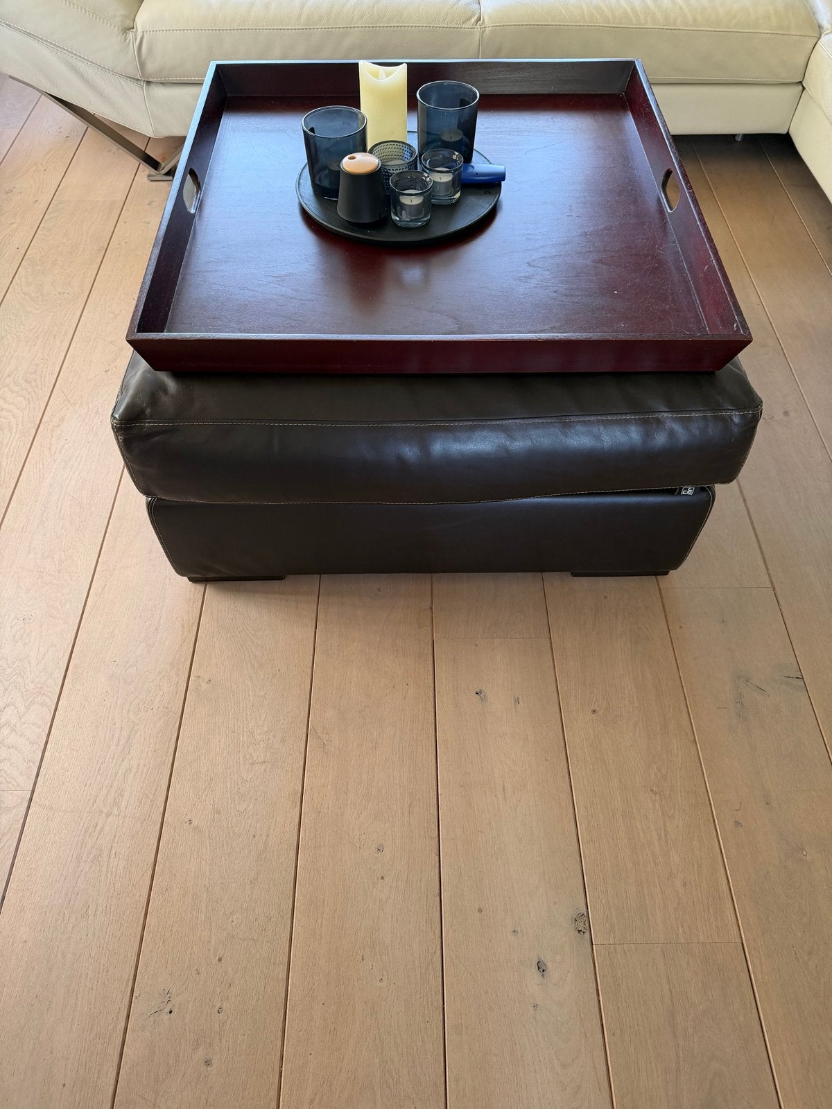 Leren hocker 90x90x40cm met los kussen, Ophalen, Gebruikt, Bruin, Leer