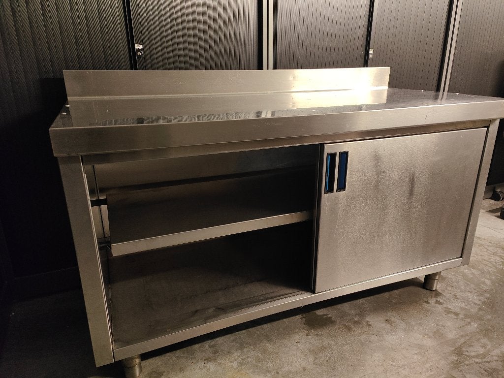 RVS Weerkbank - Werktafel, onderstel met schuifdeuren 149x85, Gebruikt, 100 tot 150 cm, Ophalen of Verzenden, Minder dan 100 cm