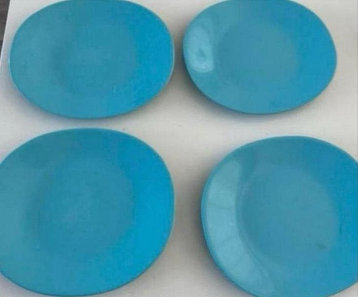 4 kleine blauwe borden van de Bijenkorf, Ophalen of Verzenden, Gebruikt