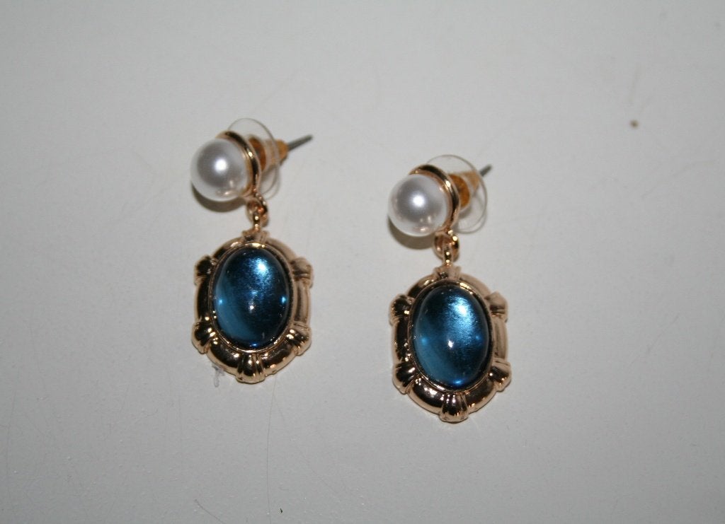 Oorbellen kleur goud met blauw steen en parel 3,5 x 1,5 cm, Sieraden, Tassen en Uiterlijk, Oorbellen, Overige materialen, Nieuw