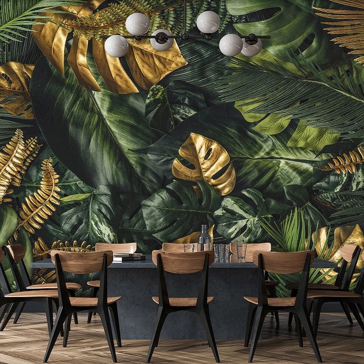 Groene bladeren met goud fotobehang Vlies 368x254cm, Verzenden, Fotobehang