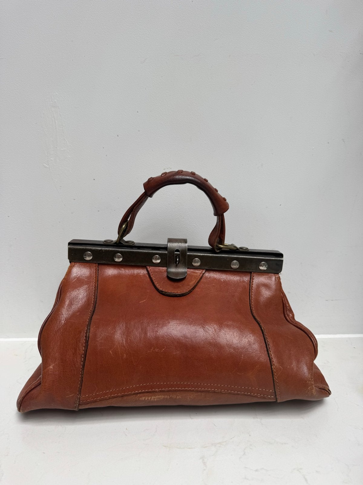 Vintage Leren Handtas - Bruin, Sieraden, Tassen en Uiterlijk, Ophalen of Verzenden, Gebruikt, Bruin, Handtas