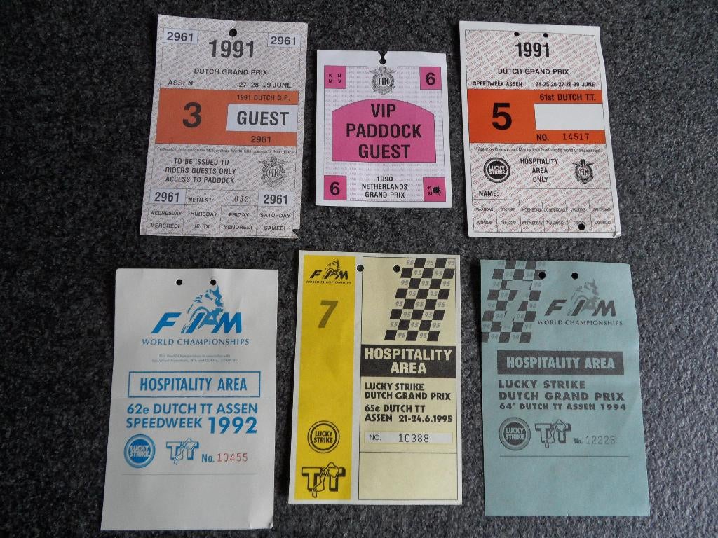 TT Assen 1990 t/m 1995 motorwegrace toegangskaarten 6 x, Verzenden, Gebruikt, Gebruiksvoorwerp