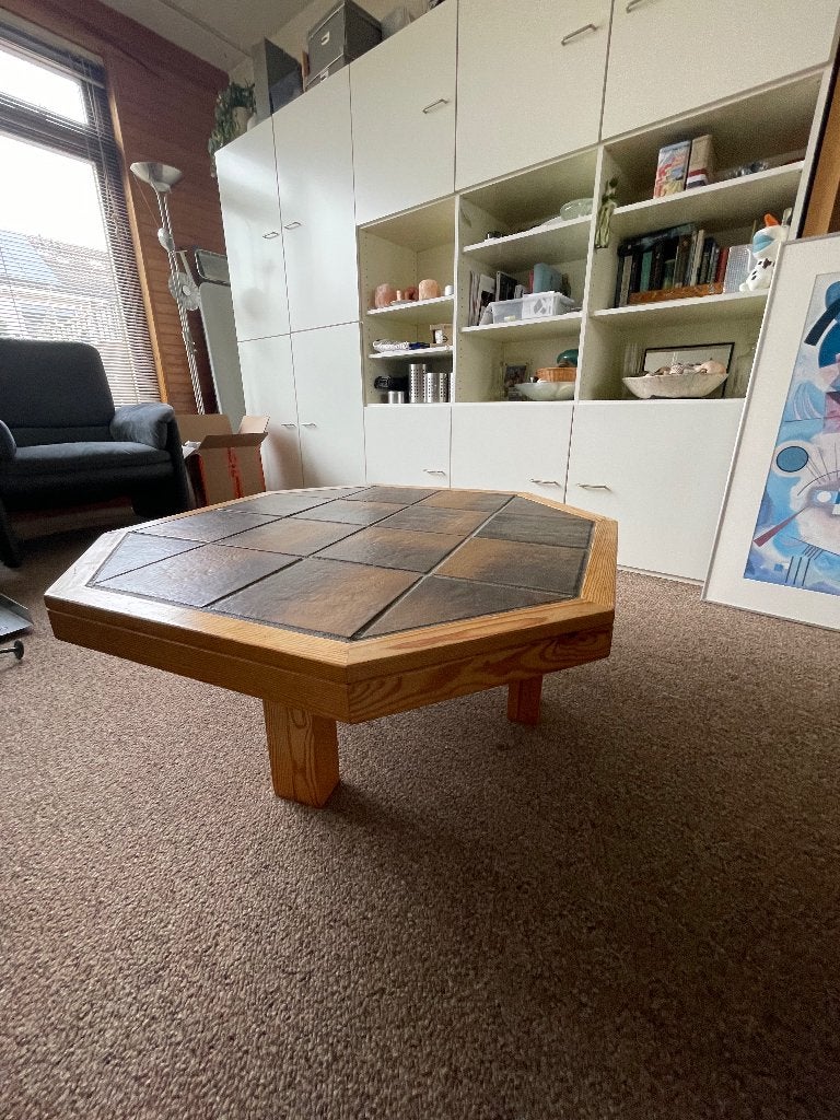 Unieke 8-hoekige houten salontafel met tegelblad, Ophalen, Gebruikt, 50 tot 100 cm, 50 tot 100 cm