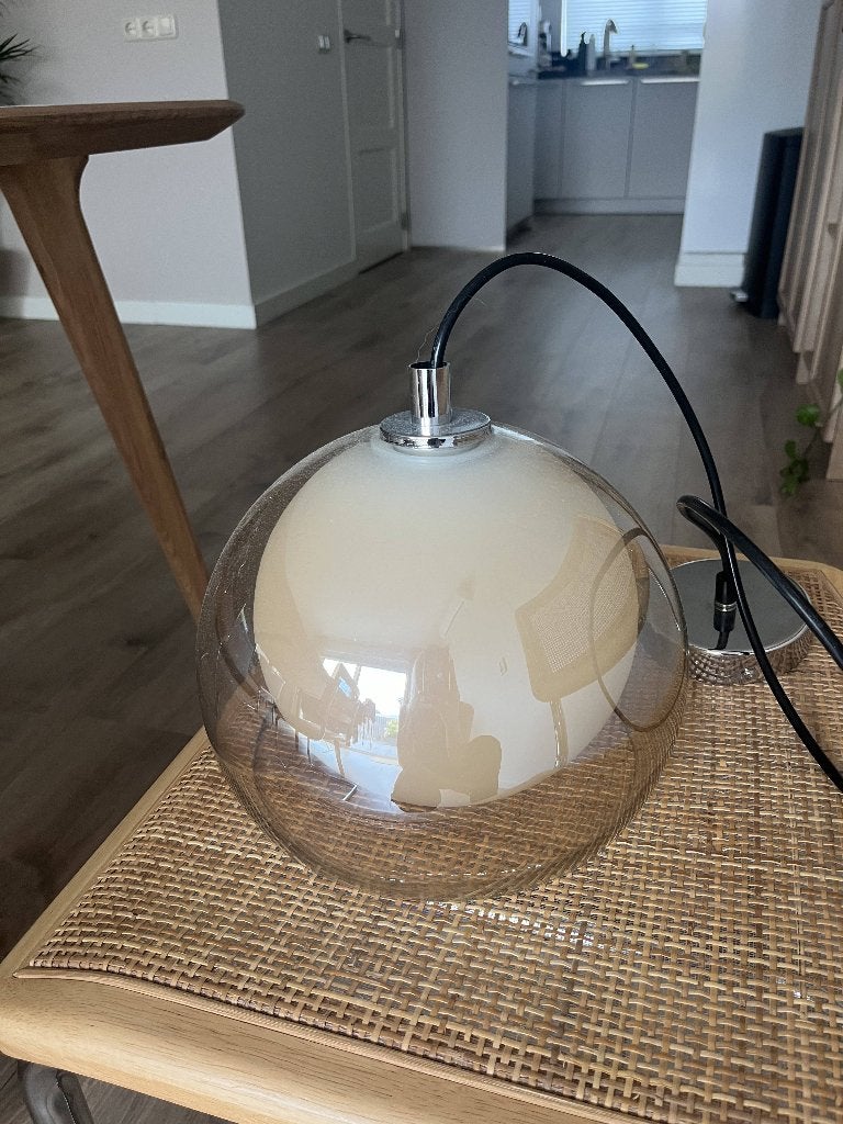 Glazen hanglamp amberkleurig, Ophalen, Gebruikt, Mid century modern, E27 (groot)