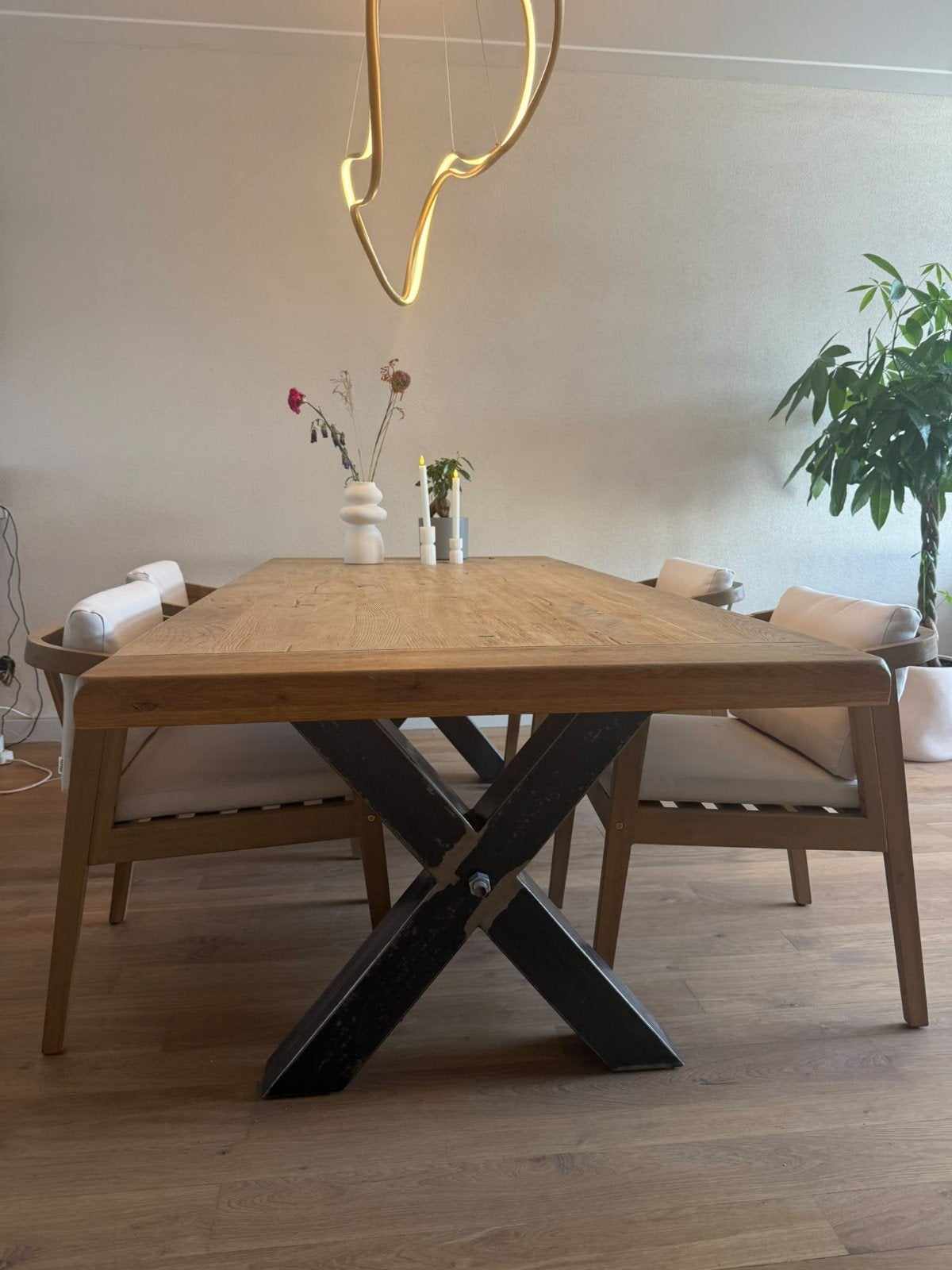 Eikenhouten eettafel met metalen X-poot, Ophalen, Modern, Industrieel, 50 tot 100 cm, Zo goed als nieuw