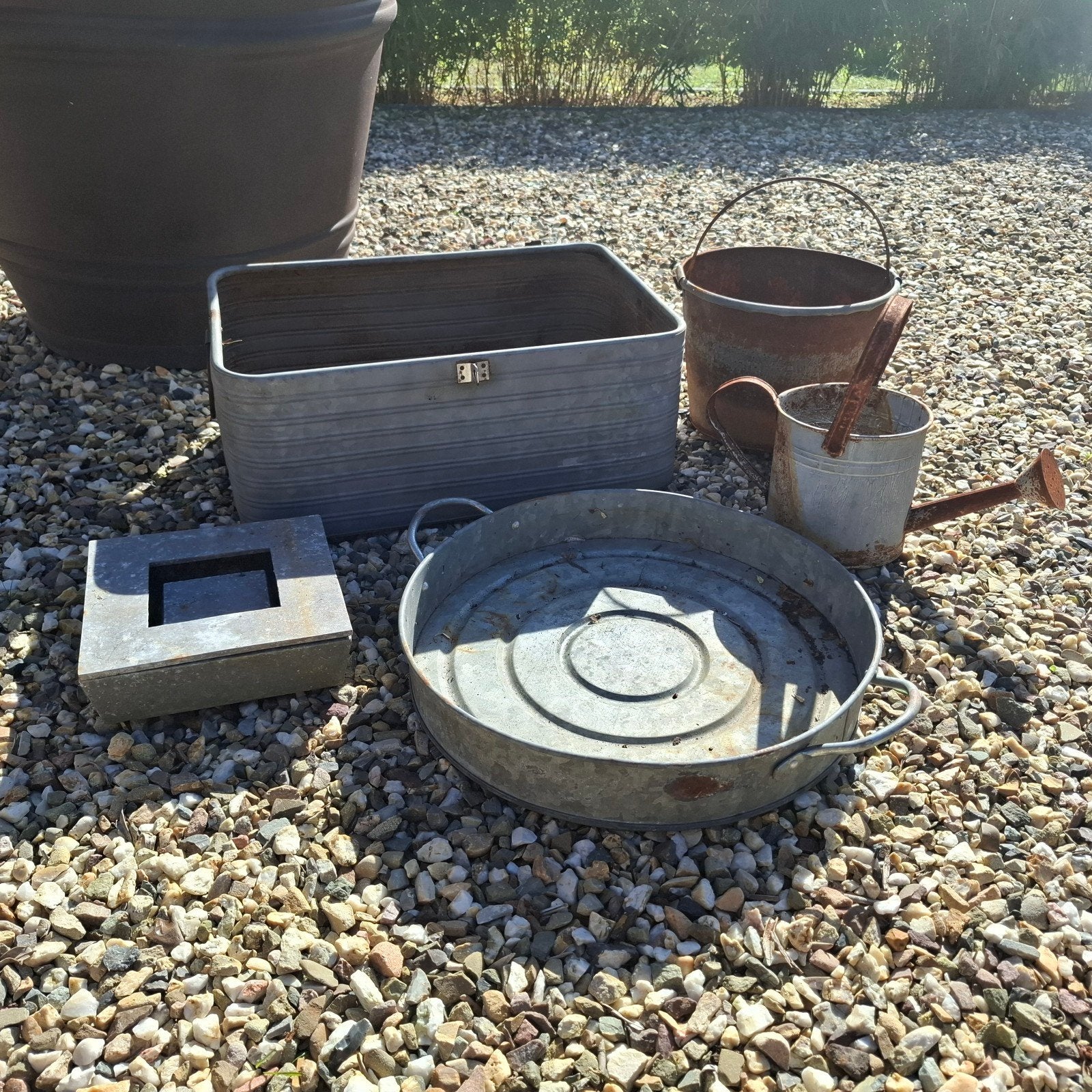 Vintage Zinken en Roestige Tuindecoratie Set, Ophalen of Verzenden, Gebruikt