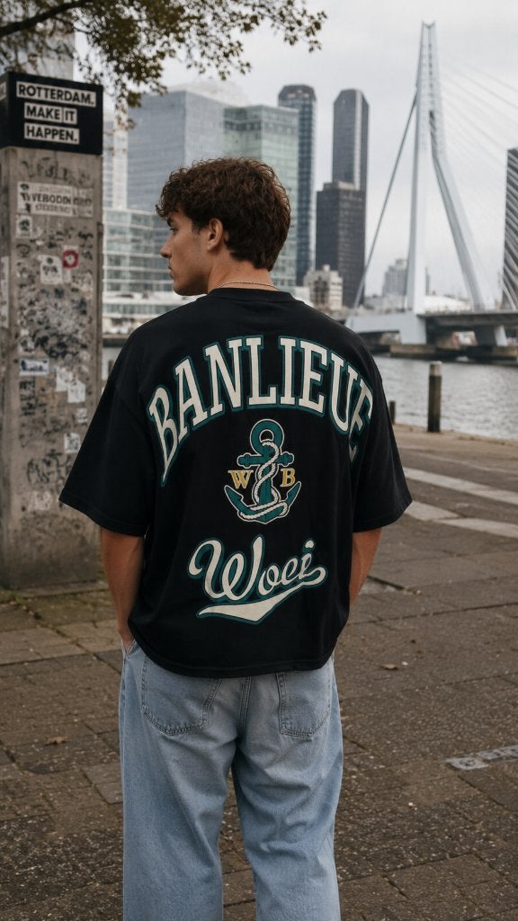 Woei x Banlieue t-shirt | M, Maat 48/50 (M), Zwart, Ophalen of Verzenden, Gedragen
