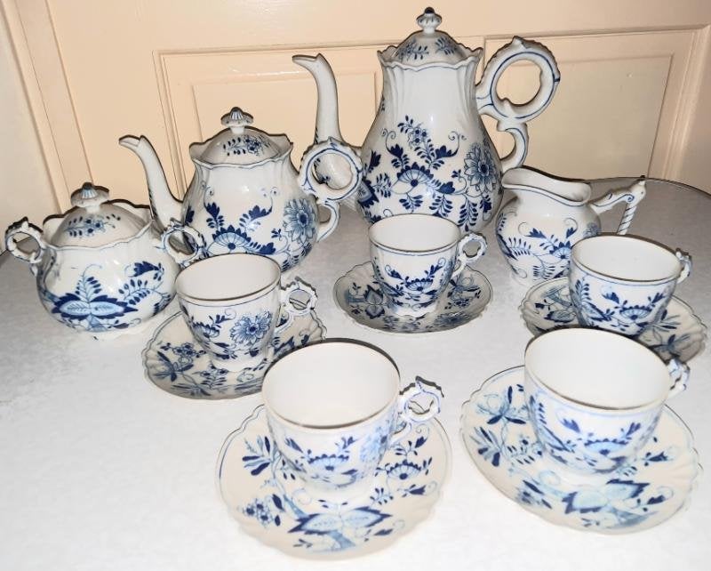 Antiek 9 delig zwiebelmuster porselein thee/koffie servies, Ophalen of Verzenden