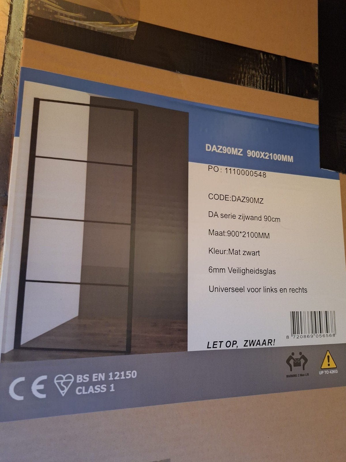 Vaste douchewand mat zwart 90x210, Doe-het-zelf en Verbouw, Sanitair, Ophalen, Nieuw, Glas, Douche