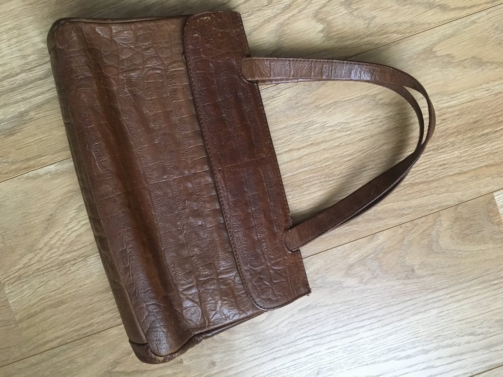 Vintage echt leren handtas (jaren 50), Sieraden, Tassen en Uiterlijk, Ophalen of Verzenden, Zo goed als nieuw, Bruin, Handtas