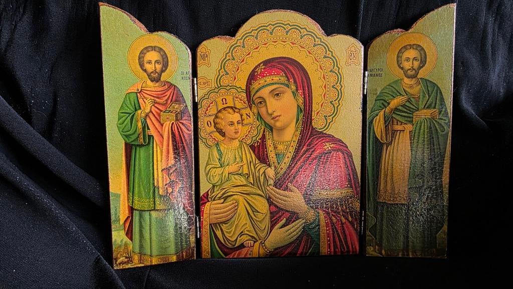 Vintage Grieks Orthodox Triptiek Icoon - Maria met Kind, Antiek en Kunst, Ophalen