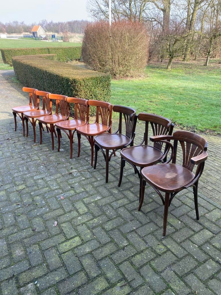 8 puntgave caféstoelen in één koop, Bruin, Ophalen of Verzenden, Zo goed als nieuw, Vijf, Zes of meer stoelen