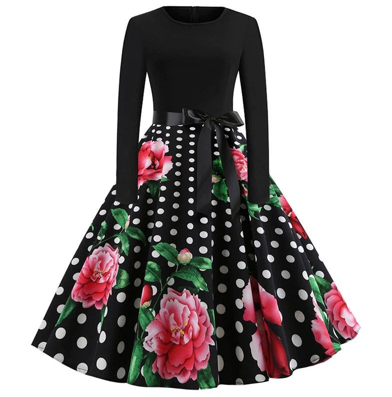 Zwarte bloemen stippen jurk rockabilly retro dames vrouwen, Verzenden, Nieuw, Zwart, Knielengte