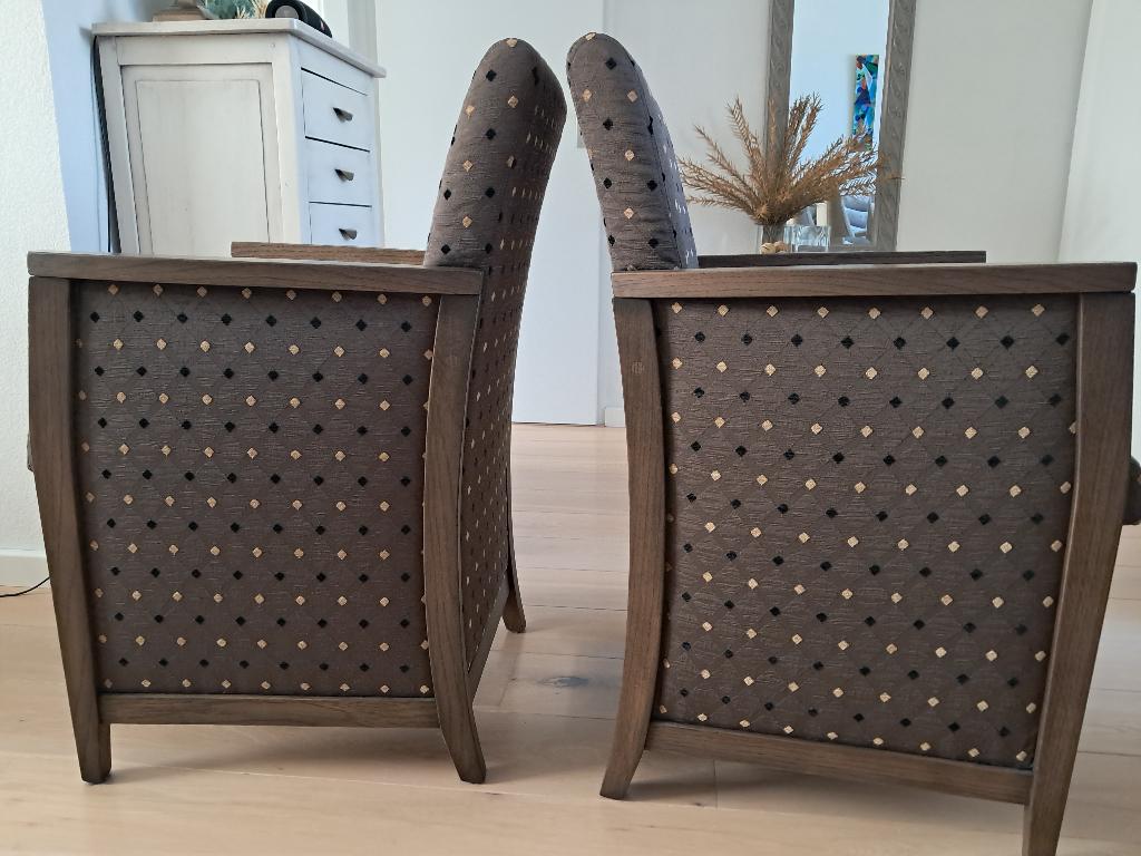 4 Eiken & stoffen eetkamerstoelen, Huis en Inrichting, Stoelen, Ophalen, Gebruikt, Bruin, Vier