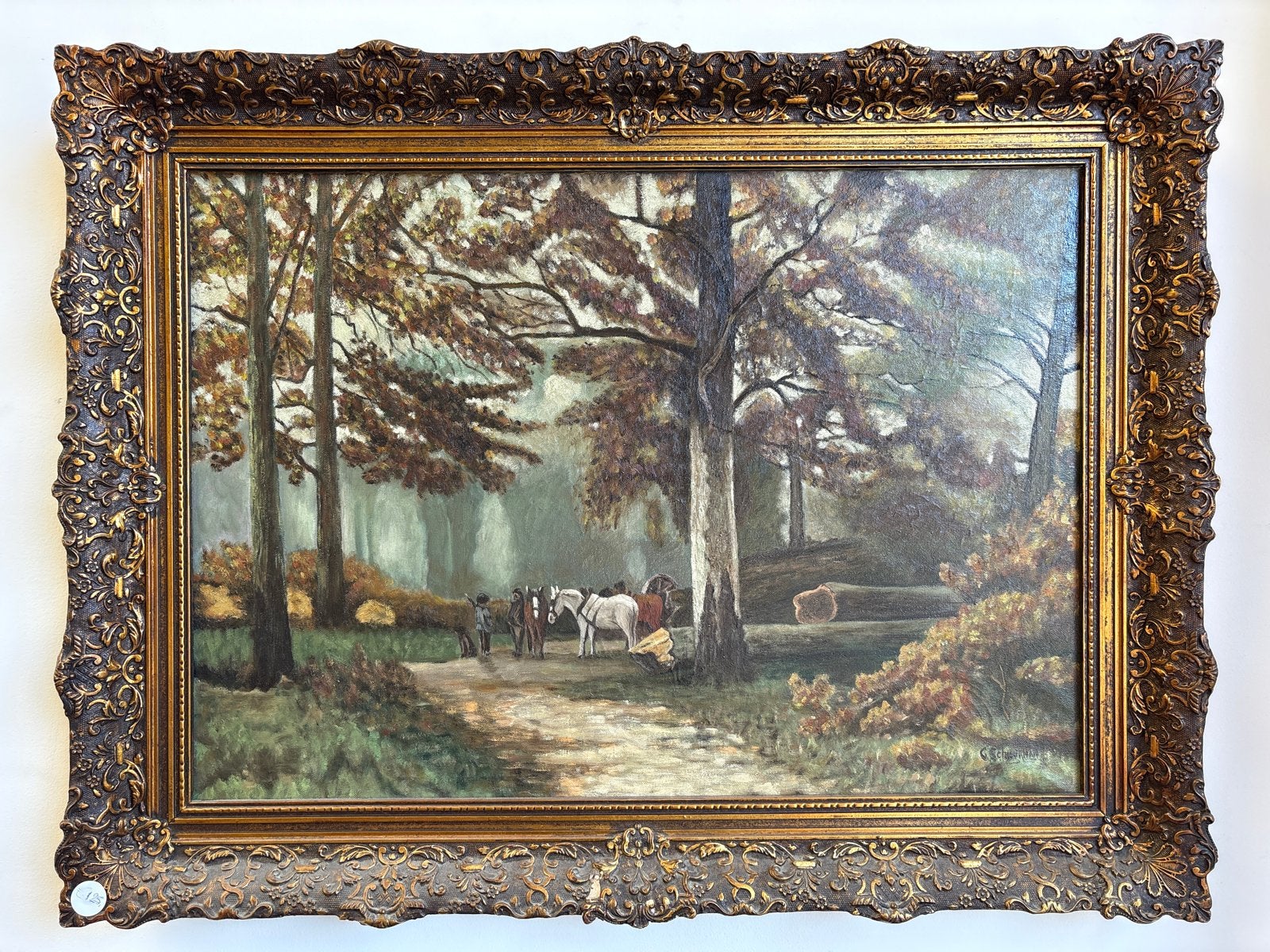 Schilderij van G. Schuurman - Bosgezicht met paarden, Ophalen, Doek, Realistisch, Gesigneerd