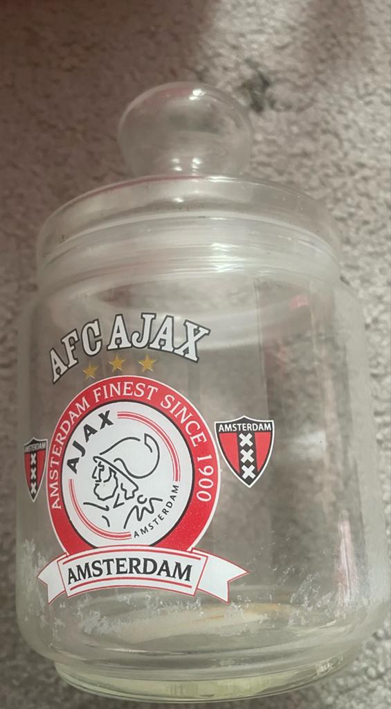 Ajax Glazen Pot met Deksel - Fan Item snoeppot, Ophalen of Verzenden, Gebruikt, Ajax, Overige typen