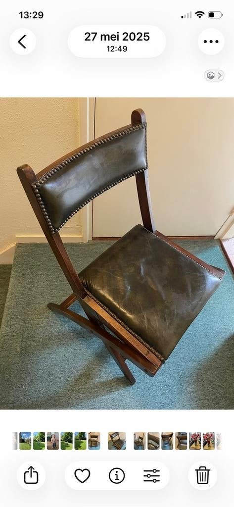 20th-Century Walnut Folding Chair Dark-Green Leather, Ophalen of Verzenden