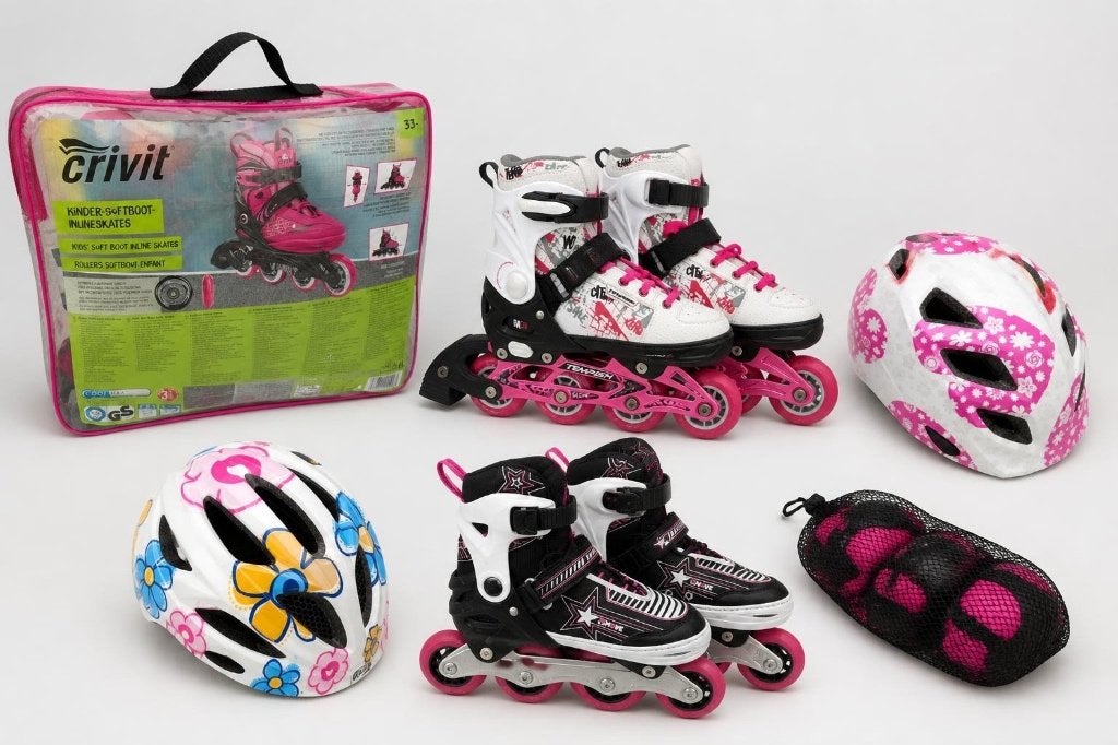 Skeelers, helmen, bescherming (ook los te koop), Verstelbaar, Kinderen, Zo goed als nieuw, Inline skates 4 wielen