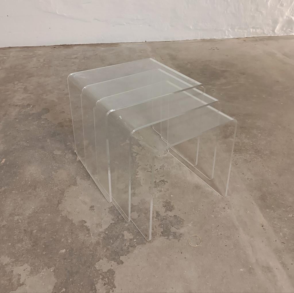 Vintage plexiglass Acryl lucite mimiset 3 bijzettafels, Ophalen, Minder dan 45 cm, Tweedehands, Rechthoekig