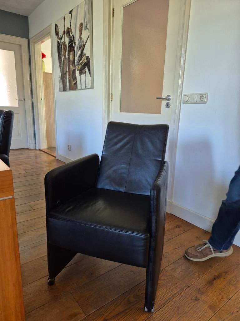 6 zwarte  leren eetkamerstoelen, Huis en Inrichting, Fauteuils, Ophalen of Verzenden, Gebruikt, Minder dan 75 cm, 50 tot 75 cm