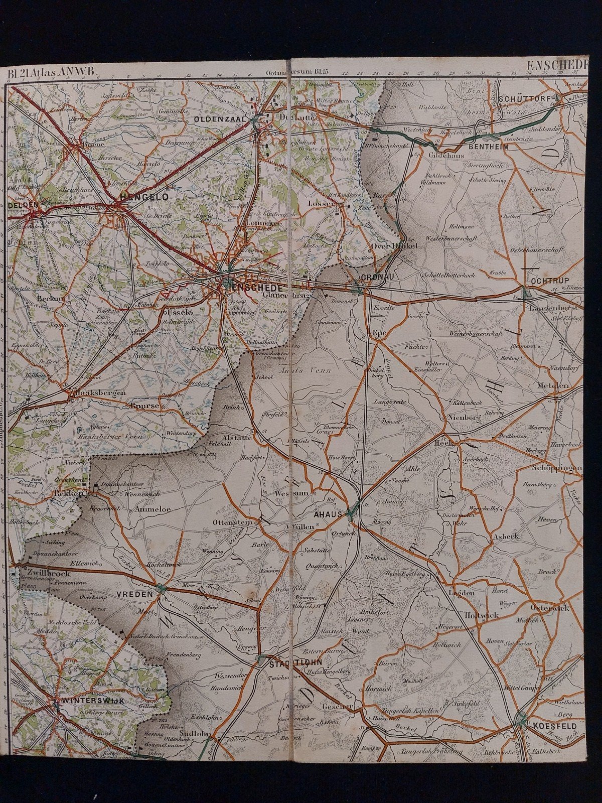 21 / Enschede en omgeving plattegrond uit Atlas ANWB 1920, Gelezen, ANWB, Ophalen of Verzenden, Landkaart